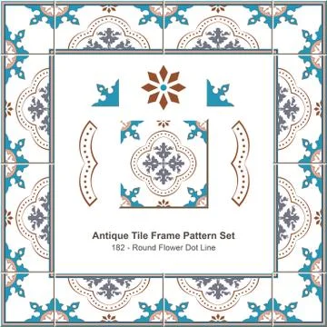 Antique tile frame pattern set of Retro Blue Round Flower Dot Line 스톡 일러스트