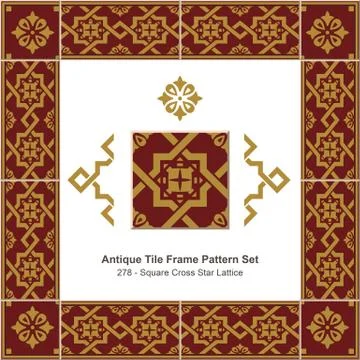 Antique tile frame pattern set of Retro Crimson Square Cross Star Lattice Stock Illustration