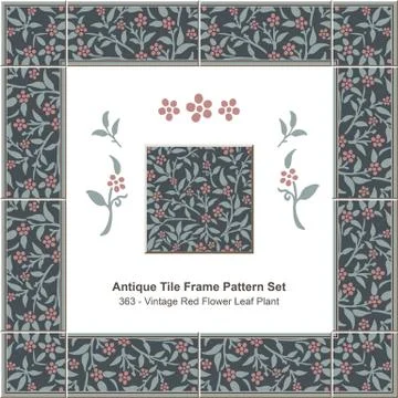 Antique tile frame pattern set of Vintage Red Flower Leaf Plant Stock Illustration