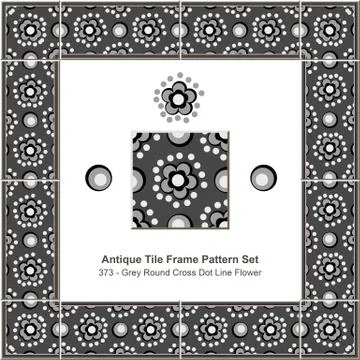 Antique tile frame pattern set of Grey Round Cross Dot Line Flower Stock Illustration