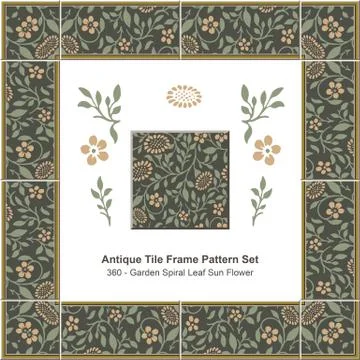 Antique tile frame pattern set of Garden Spiral Leaf Sun Flower イラスト素材