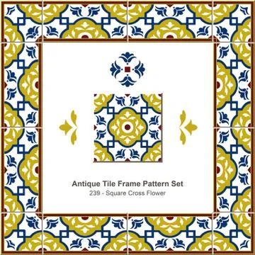 Antique tile frame pattern set of Retro Square Cross Flower 스톡 일러스트