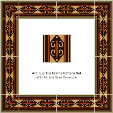 Antique tile frame pattern set of Primitive Red Spiral Curve Line Stock Illustration