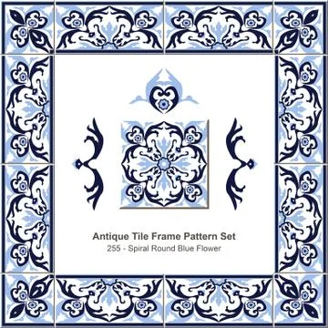 Antique tile frame pattern set of Spiral Round Blue Flower Kaleidoscope Stock-Illustration