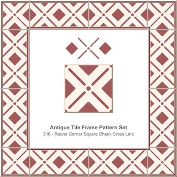 Antique tile frame pattern set of Red Round Corner Square Check Cross Line Stock Illustration