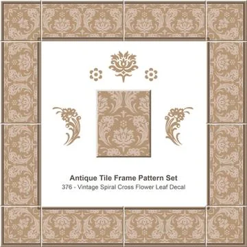 Antique tile frame pattern set of Retro Brown Vintage Spiral Cross Flower Leaf Illustrazione stock