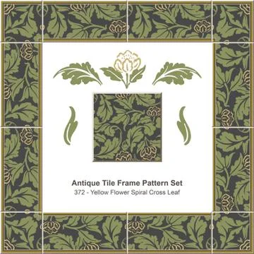 Antique tile frame pattern set of Retro Yellow Flower Spiral Green Cross Leaf Illustrazione stock