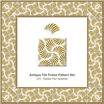 Antique tile frame pattern set of Retro Golden Fan Seashell Stock Illustration