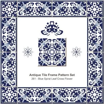 Antique tile frame pattern set of Retro Blue Spiral Leaf Cross Flower Illustrazione stock