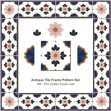 Antique tile frame pattern set of Pink Golden Flower Leaf Illustrazione stock