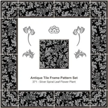 Antique tile frame pattern set of Silver Spiral Leaf Flower Plant Illustrazione stock