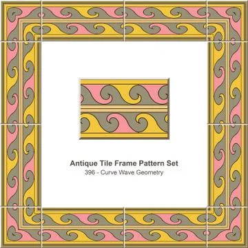 Antique tile frame pattern set of Yellow Pink Curve Wave Geometry Illustrazione stock