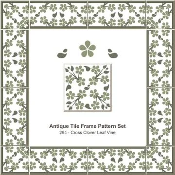 Antique tile frame pattern set of Green Cross Clover Leaf Vine Stockillustratie