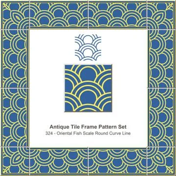 Antique tile frame pattern set of Blue Yellow Oriental Fish Scale Round Line Illustrazione stock