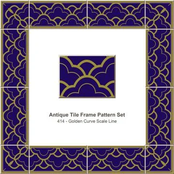 Antique tile frame pattern set of Retro Blue Golden Curve Scale Line Illustrazione stock