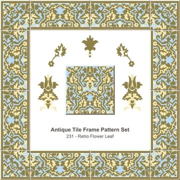 Antique tile frame pattern set of Retro Blue Brown Flower Leaf イラスト素材