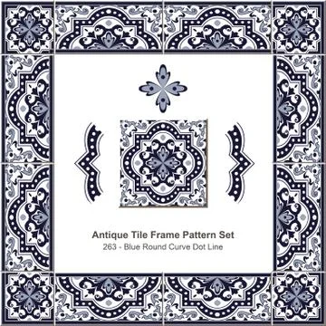 Antique tile frame pattern set of Retro Blue Round Curve Dot Line Kaleidoscope 스톡 일러스트