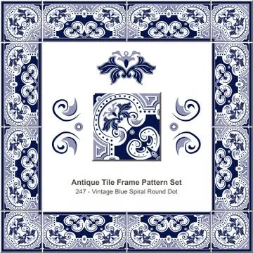 Antique tile frame pattern set of Vintage Blue Spiral Round Dot Cross Stock Illustration