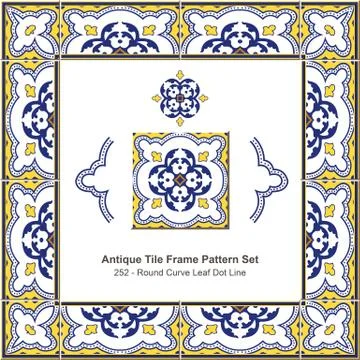 Antique tile frame pattern set of Retro Yellow Round Curve Leaf Dot Line 스톡 일러스트