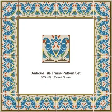 Antique tile frame pattern set of Retro Bird Parrot Flower Stockillustratie