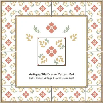Antique tile frame pattern set of Pink Girlish Vintage Flower Spiral Leaf Stockillustratie