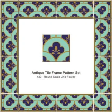 Antique tile frame pattern set of Retro Green Round Scale Line Flower Illustrazione stock