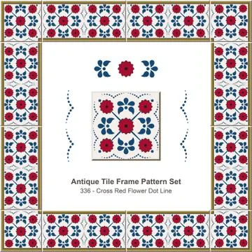Antique tile frame pattern set of Cross Red Flower Dot Line Stock Illustration