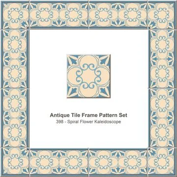 Antique tile frame pattern set of Retro Blue Spiral Flower Kaleidoscope Stock Illustration