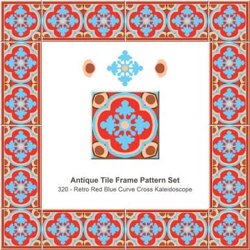 Antique tile frame pattern set of Retro Red Blue Curve Cross Kaleidoscope 스톡 일러스트