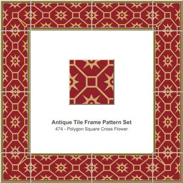 Antique tile frame pattern set of Retro Red Polygon Square Cross Flower Illustrazione stock