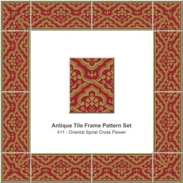 Antique tile frame pattern set of Retro Red Oriental Spiral Cross Flower Illustrazione stock