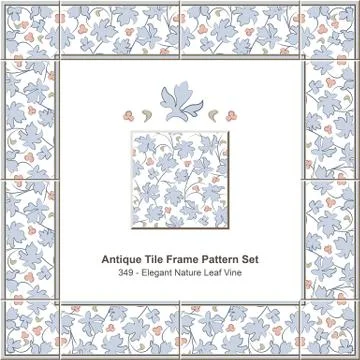 Antique tile frame pattern set of Elegant Blue Nature Leaf Vine 스톡 일러스트