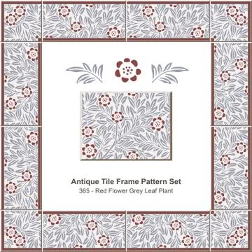 Antique tile frame pattern set of Red Flower Grey Leaf Plant 스톡 일러스트