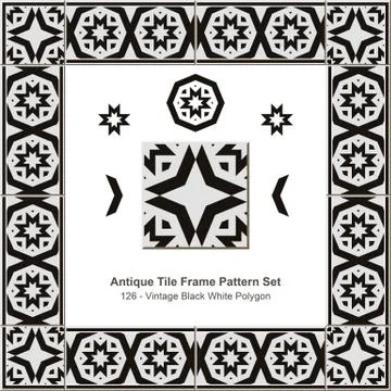 Antique tile frame pattern set of Vintage Black White Polygon Cross 스톡 일러스트