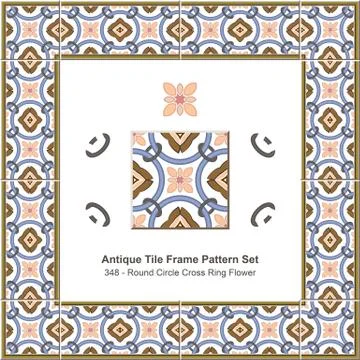 Antique tile frame pattern set of Round Circle Cross Ring Flower Stockillustratie