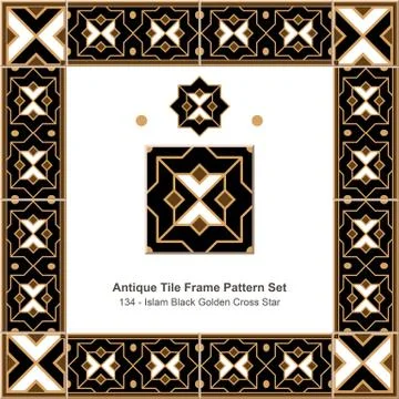 Antique tile frame pattern set of Islam Black Golden Cross Star Stock Illustration