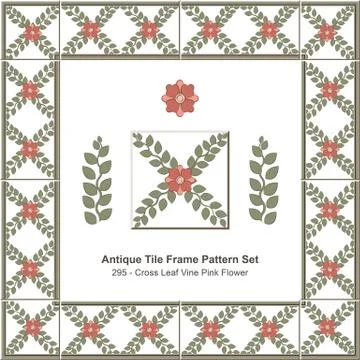 Antique tile frame pattern set of Retro Garden Green Cross Leaf Vine Pink Flower イラスト素材