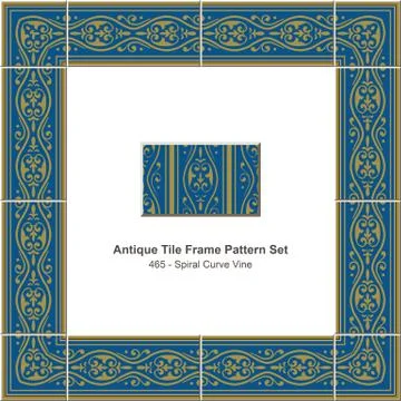 Antique tile frame pattern set of Retro Blue Golden Spiral Curve Vine Stock Illustration