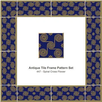 Antique tile frame pattern set of Retro Blue Golden Spiral Cross Line Flower Stock Illustration