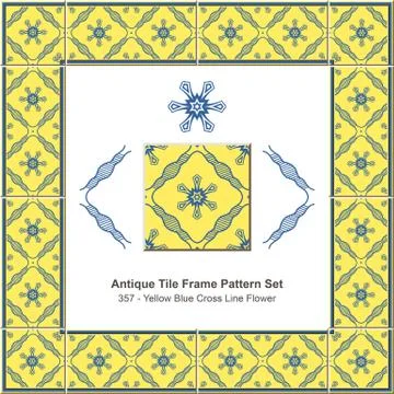 Antique tile frame pattern set of Yellow Blue Cross Line Flower Stock Illustration