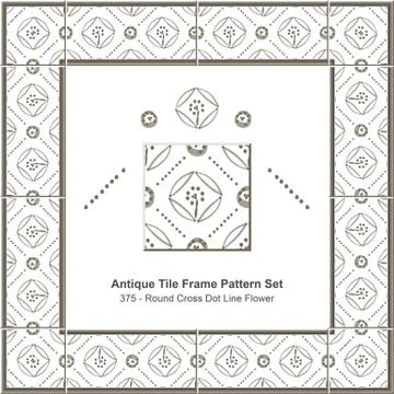 Antique tile frame pattern set of Round Cross Dot Line Flower Stock Illustration