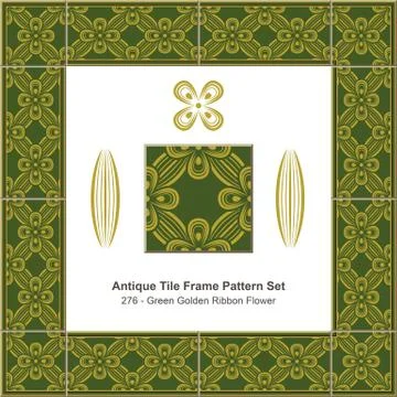 Antique tile frame pattern set of Green Golden Ribbon Flower Illustrazione stock