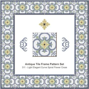 Antique tile frame pattern set of Light Elegant Blue Curve Spiral Flower Cross Stock Illustration