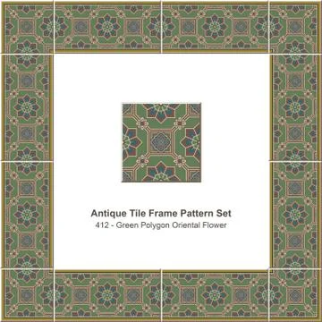 Antique tile frame pattern set of Retro Green Polygon Oriental Flower Stock Illustration