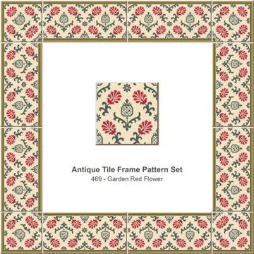 Antique tile frame pattern set of Garden Red Flower Green Leaf 스톡 일러스트