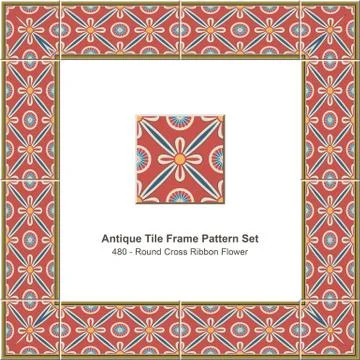 Antique tile frame pattern set of Retro Red Round Cross Ribbon Flower Illustrazione stock
