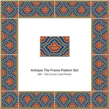 Antique tile frame pattern set of Retro Blue Dot Curve Line Flower Stock Illustration