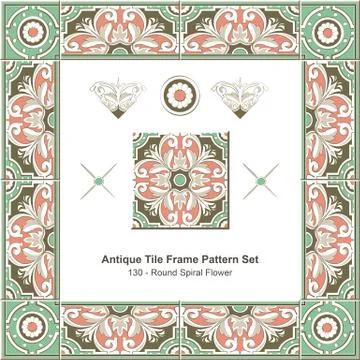 Antique tile frame pattern set of Retro Green Round Feather Spiral Flower Stock Illustration