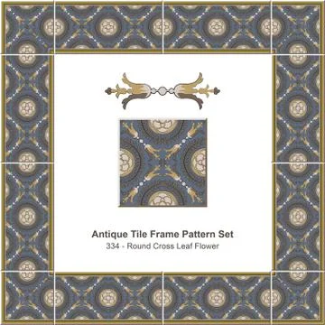 Antique tile frame pattern set of Retro Round Cross Leaf Flower イラスト素材