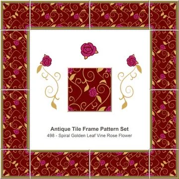 Antique tile frame pattern set Spiral Golden Leaf Vine Rose Flower Stock Illustration